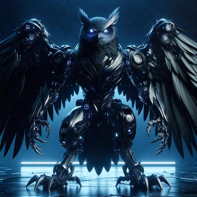 The primary subject of the image is a large, futuristic-looking bird with a mechanical appearance. It is standing on a stage, surrounded by a blue background. The visual style of the image is digital art, as it appears to be a computer-generated or digitally rendered creation. The colors and mood of the image are predominantly blue, giving it a cool and futuristic vibe.